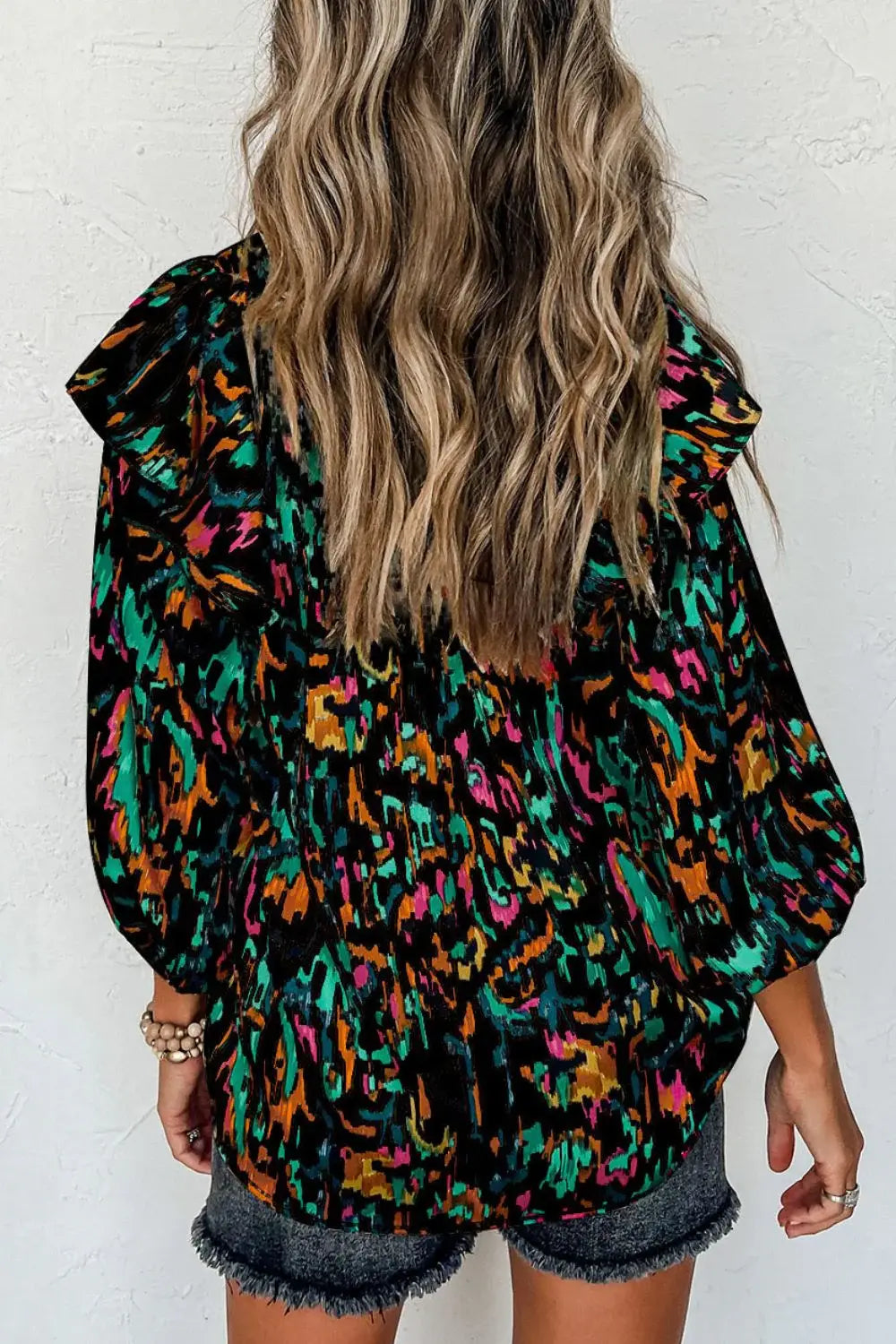 Abstract Print 3/4 Sleeve Ruffle Blouse - Trendsi - Flyclothing LLC