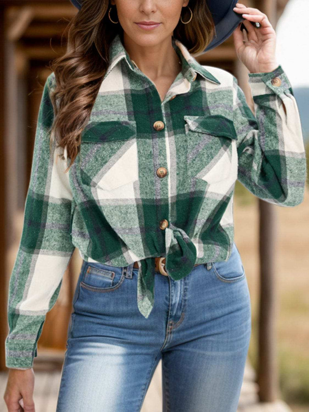 Full Size Pocketed Plaid Collared Neck Shacket - Trendsi - Flyclothing LLC