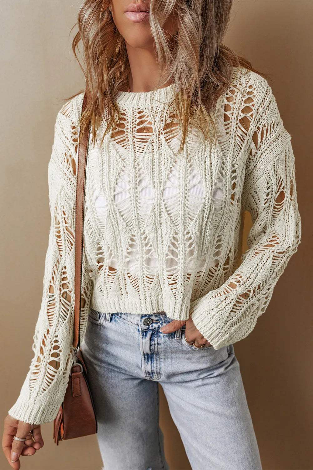 Cutout Round Neck Long Sleeve Knit Cover Up - Trendsi - Flyclothing LLC