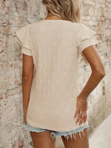 Eyelet V-Neck Ruffled Cap Sleeve Top - Trendsi - Flyclothing LLC