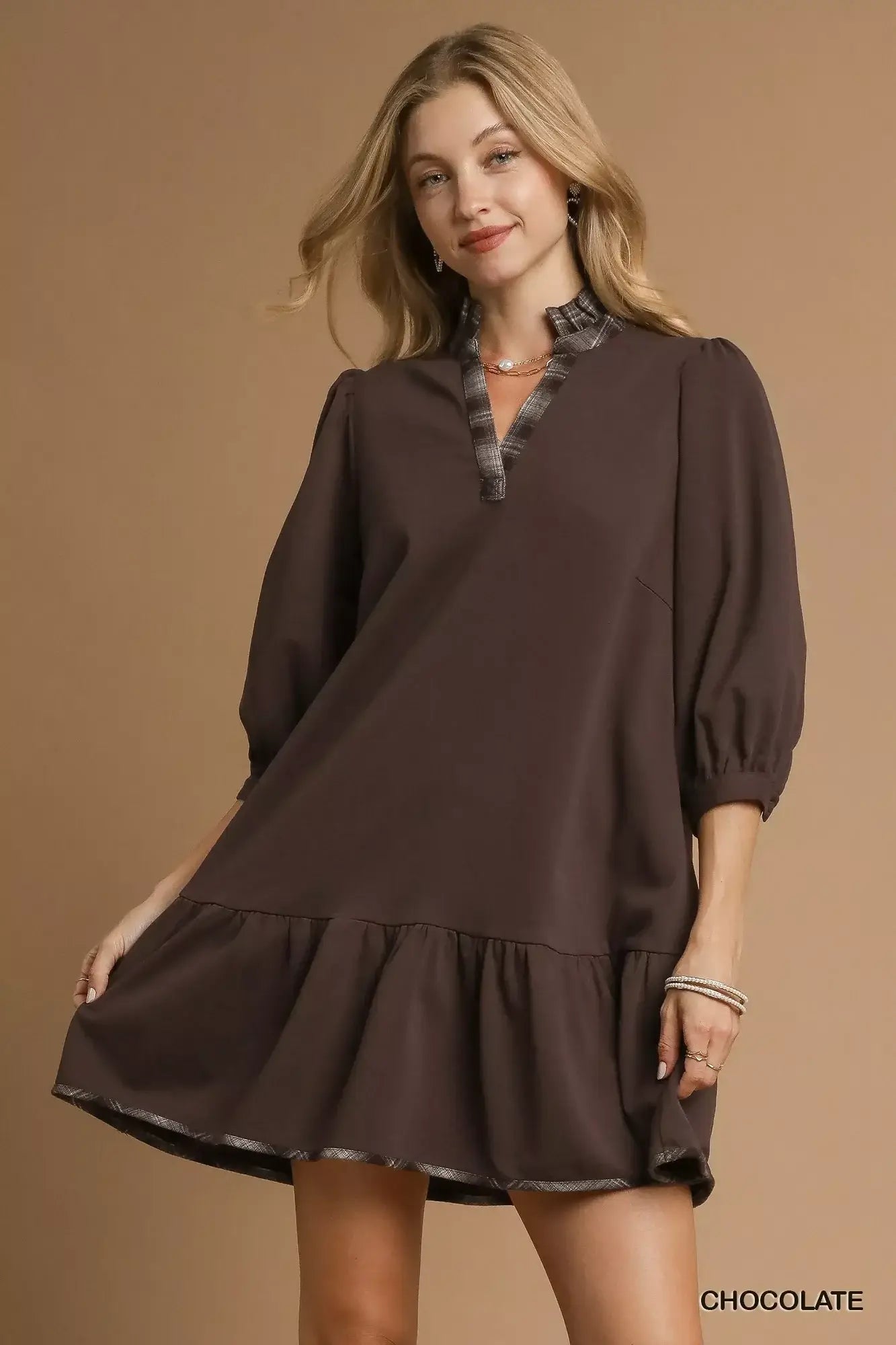 Umgee French Terry Ruffle Hem Dress with Plaid Trim - Trendsi - Flyclothing LLC