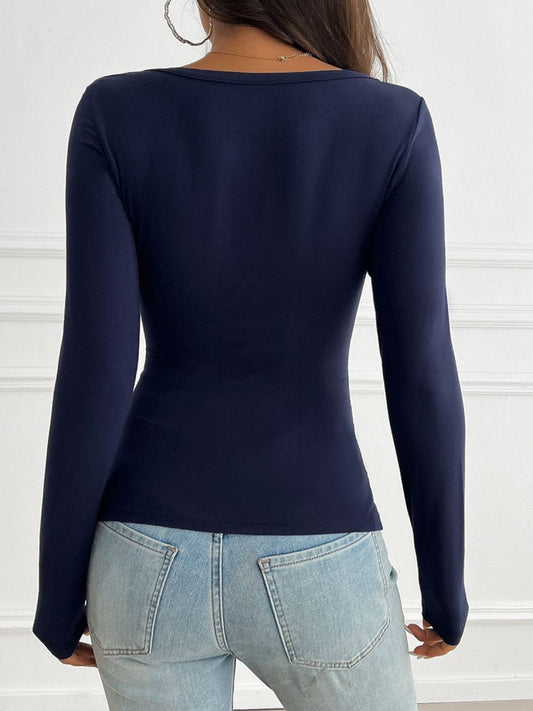 Devine Ruched V-Neck Long Sleeve T-Shirt - Trendsi
