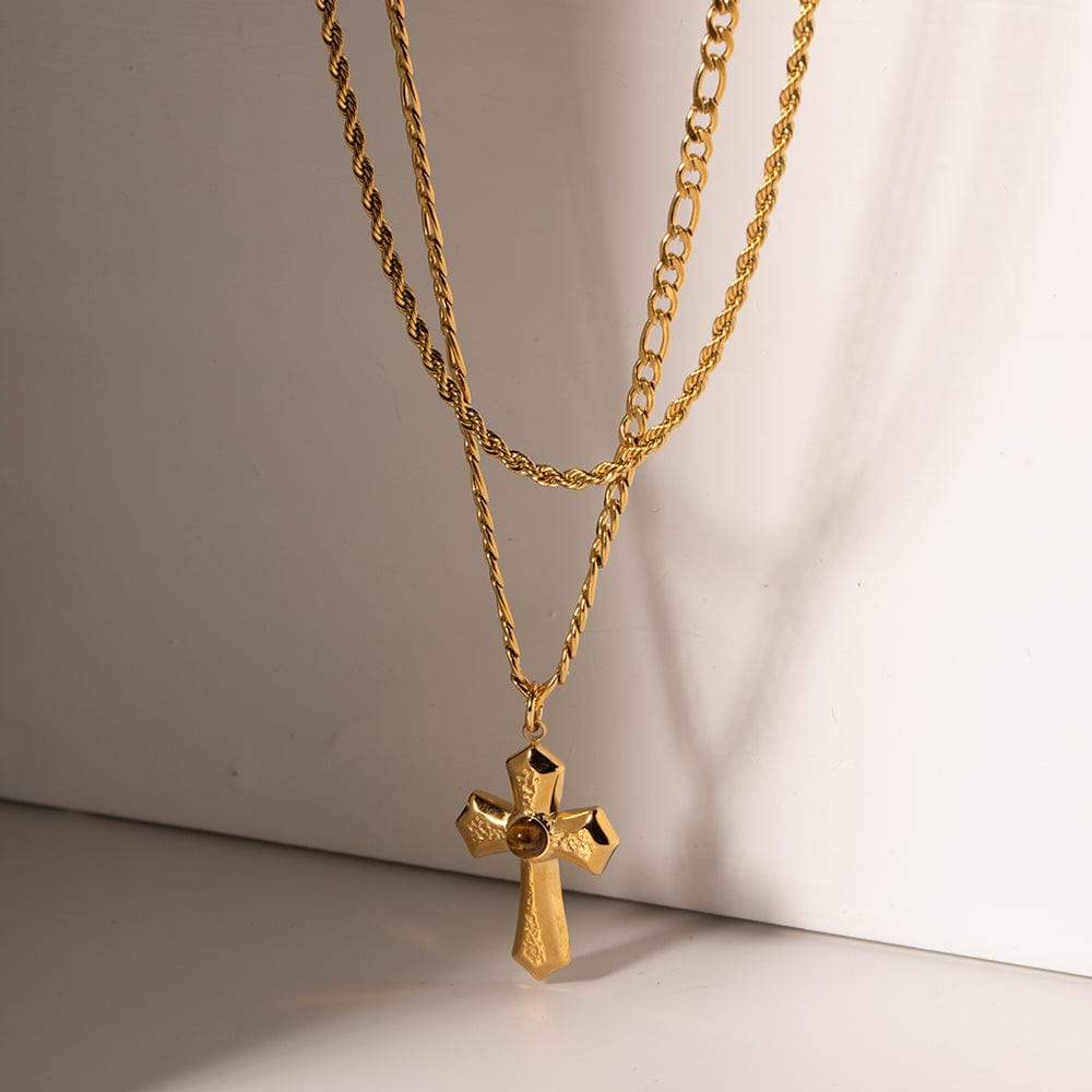 18K Gold-Plated Double Layered Cross Necklace - Trendsi - Flyclothing LLC