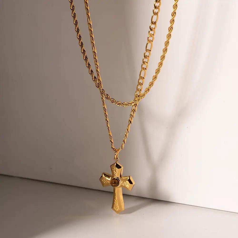 18K Gold-Plated Double Layered Cross Necklace - Trendsi - Flyclothing LLC