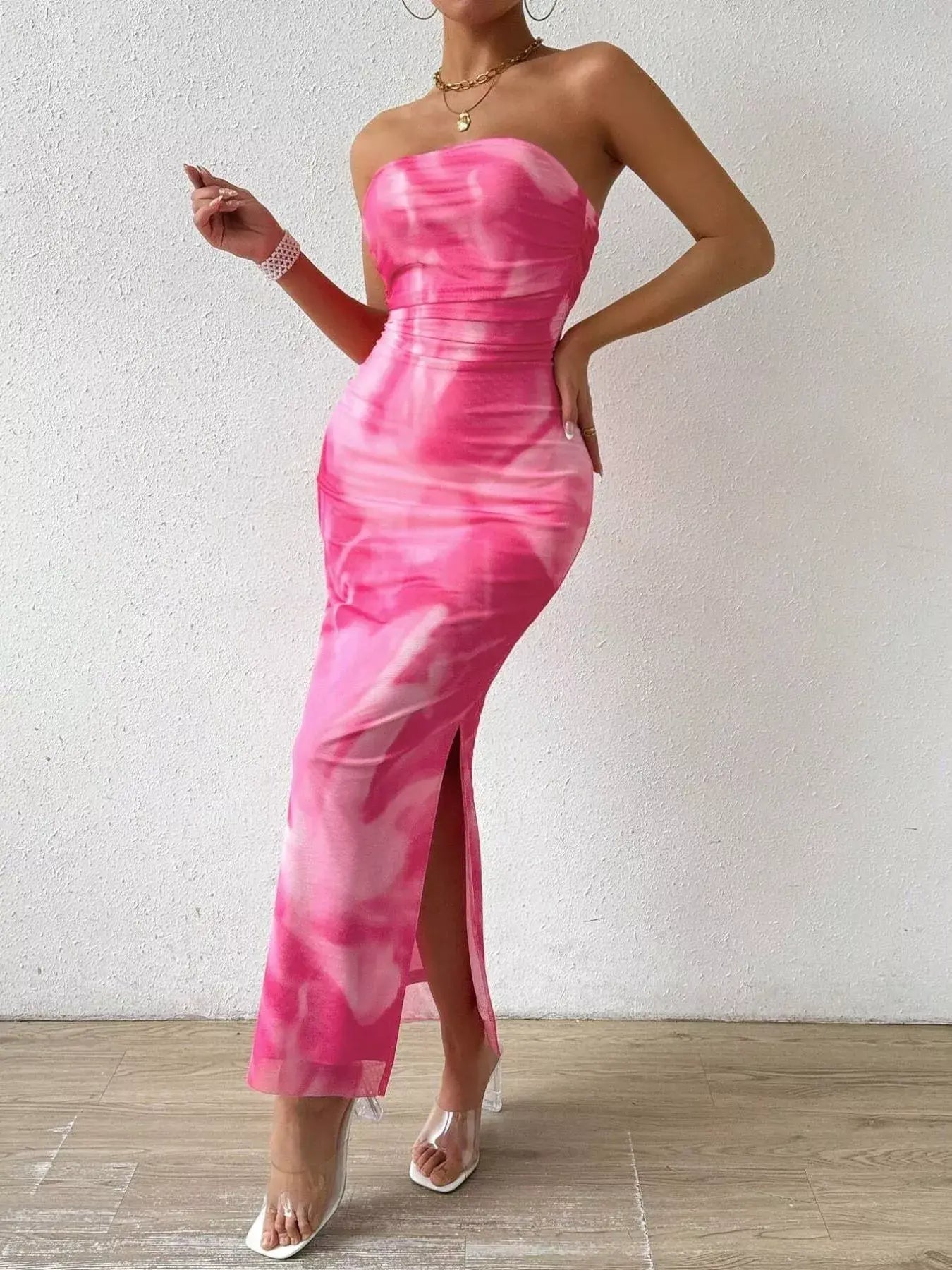 Tie-Dye Ruched Bodycon Tube Slit Dress - Trendsi - Flyclothing LLC