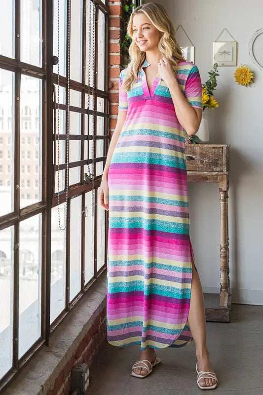 Heimish Full Size Striped Short Sleeve Maxi Tee Dress Plus Size - Trendsi - Flyclothing LLC