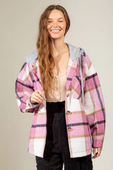Drawstring Plaid Dropped Shoulder Hooded Shacket - Trendsi