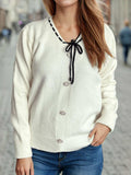 Tied V-Neck Long Sleeve Sweater - Trendsi - Flyclothing LLC