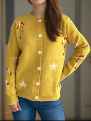 Candy Cane & Star Button Down Long Sleeve Cardigan - Trendsi