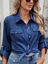 Solid Color Collared Neck Long Sleeve Shirt - Trendsi - Flyclothing LLC