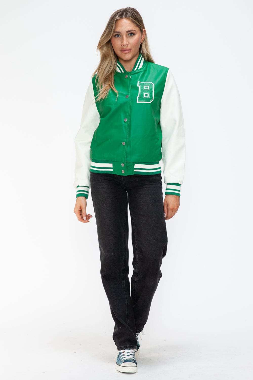 Love Me Now PU Leather Contrast Snap Down Bomber Jacket - Trendsi - Flyclothing LLC