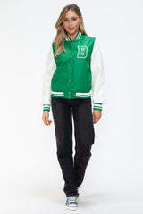 Love Me Now PU Leather Contrast Snap Down Bomber Jacket - Trendsi