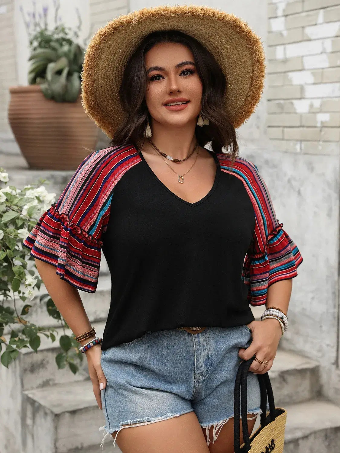 Plus Size V-Neck Flounce Sleeve Top - Trendsi - Flyclothing LLC