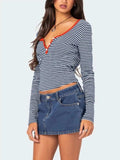 Buttoned Striped Long Sleeve T-Shirt - Trendsi - Flyclothing LLC