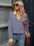 Striped Johnny Collar Long Sleeve Sweatshirt - Trendsi - Flyclothing LLC