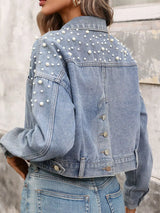 Pearl Embellished Cropped Denim Jacket - Trendsi - Flyclothing LLC
