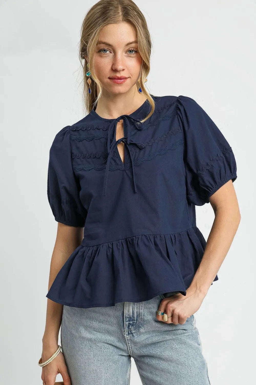 Umgee Tie Front Puff Sleeve Blouse - Trendsi