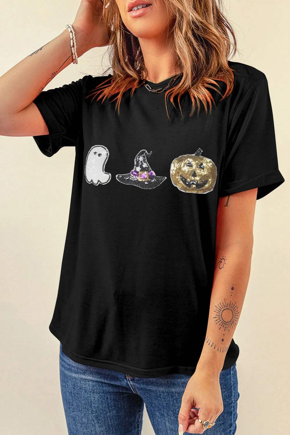 Sequin Round Neck Short Sleeve T-Shirt - Trendsi - Flyclothing LLC