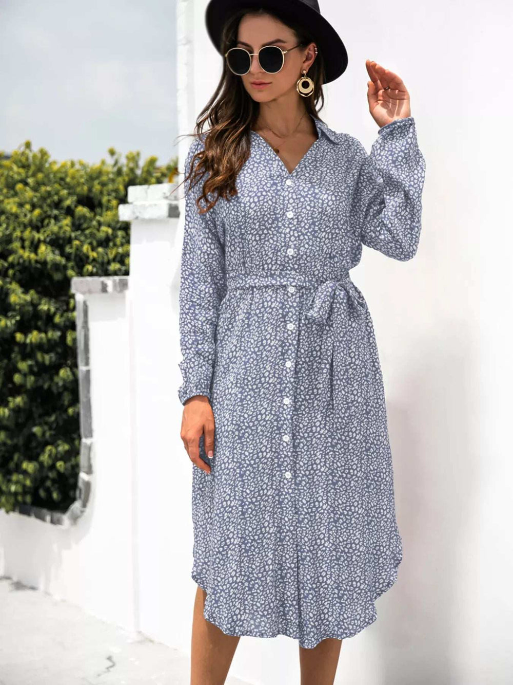 Button Down Printed Long Sleeve Shirt Dress - Trendsi - Flyclothing LLC