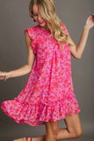 Umgee Full Size Smocked Detail Floral Metallic Ruffle Cap Sleeve Dress Plus Size - Trendsi