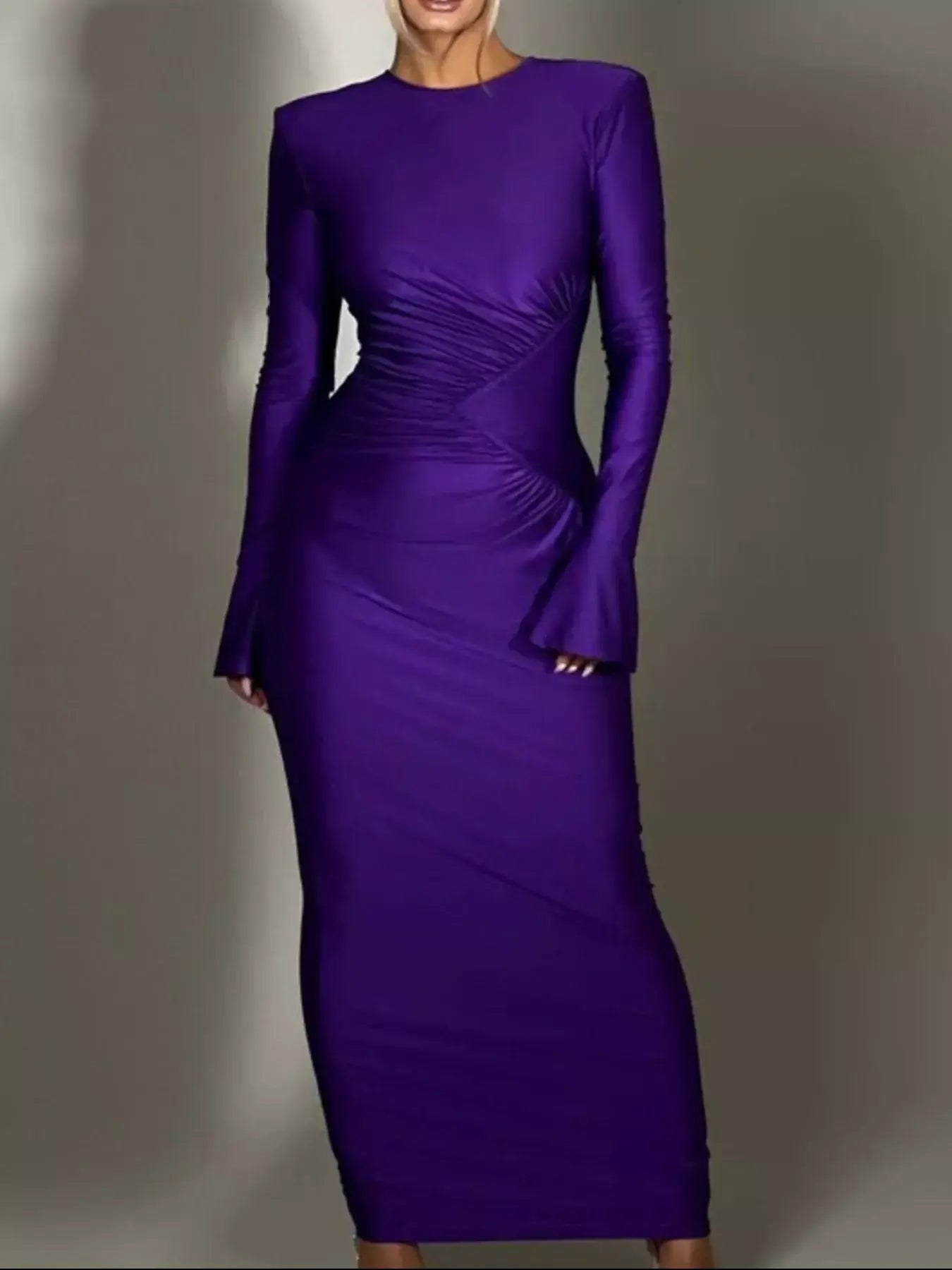 Ruched Long Sleeve Bodycon Maxi Dress - Trendsi - Flyclothing LLC