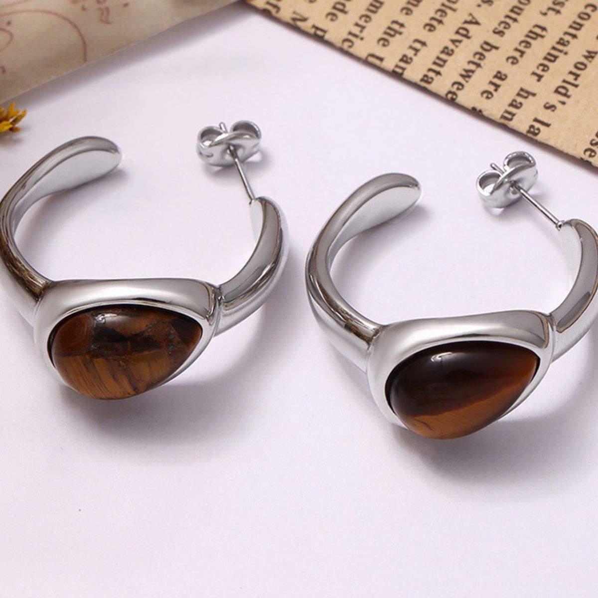 Stainless Steel Natural Tiger's Eye C-Hoop Earrings - Trendsi - Flyclothing LLC