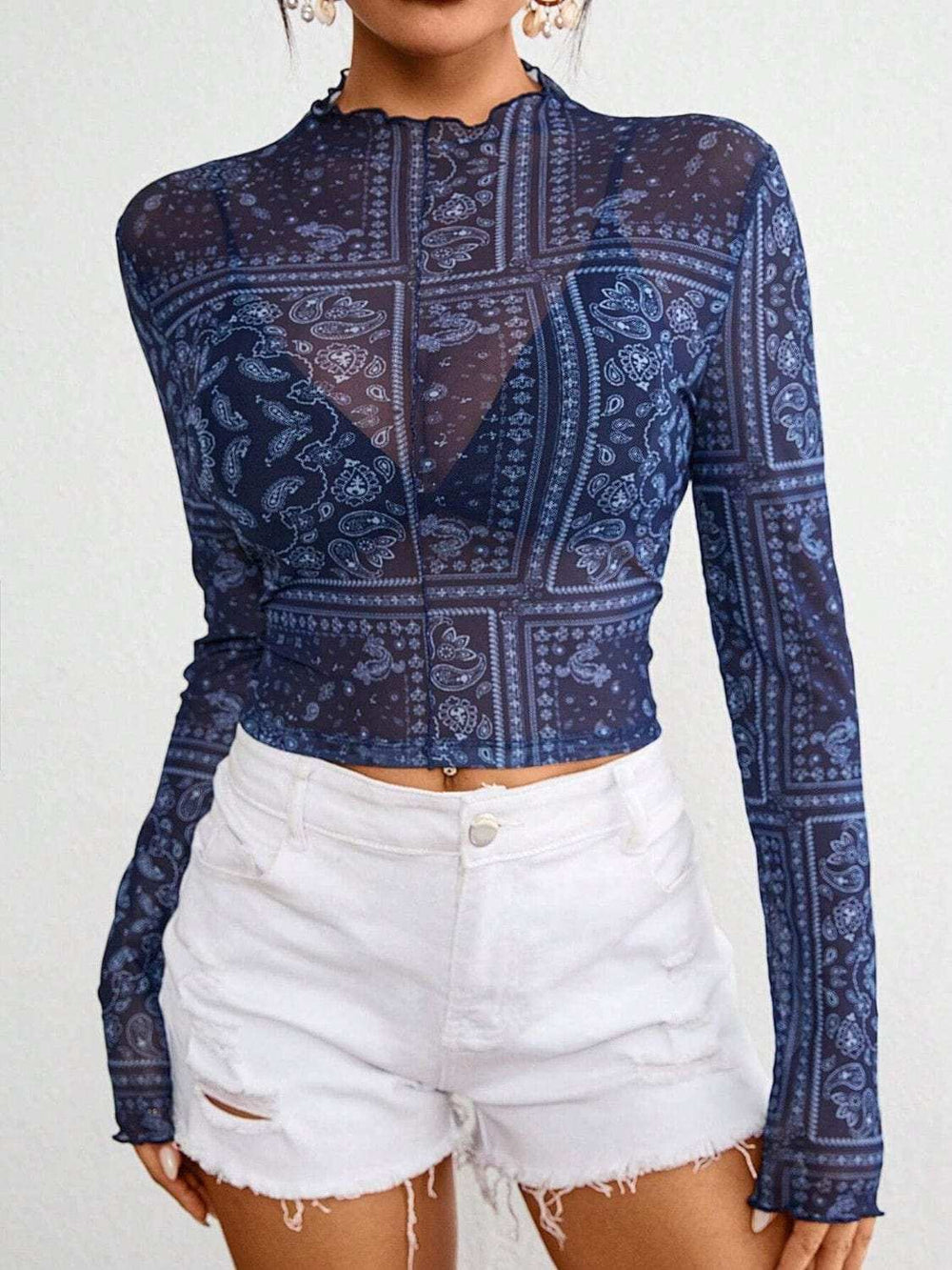 Paisley Mock Neck Long Sleeve Sheer Top - Trendsi - Flyclothing LLC