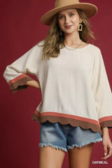 Umgee Scalloped Hem Color Block Top - Trendsi - Flyclothing LLC
