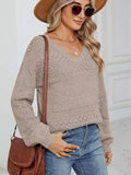 Eyelet V-Neck Long Sleeve Sweater - Trendsi - Flyclothing LLC