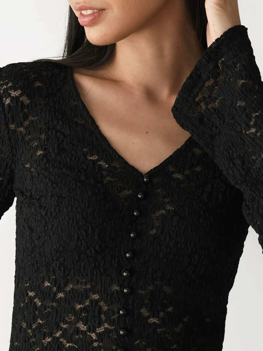 Lace V-Neck Flare Sleeve T-Shirt - Trendsi - Flyclothing LLC