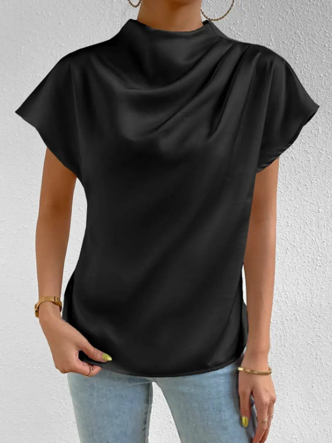 Mock Neck Short Sleeve Blouse - Trendsi - Flyclothing LLC