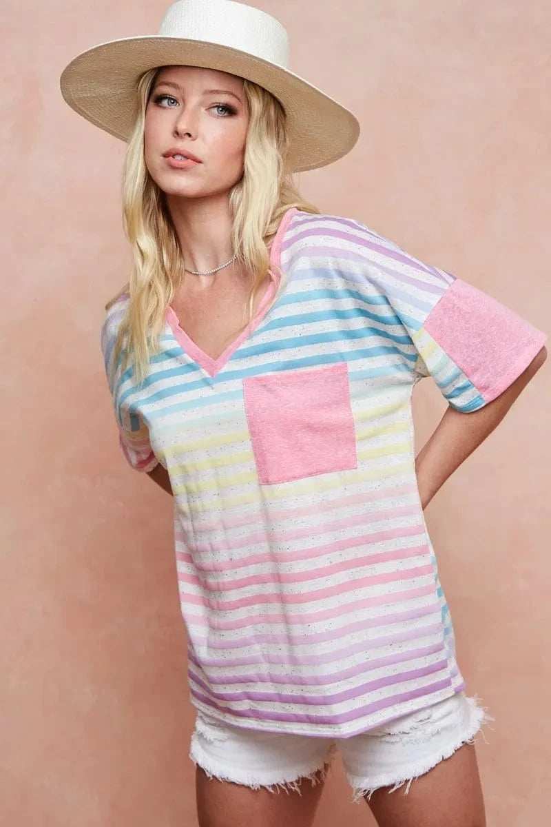 BiBi Rainbow Stripe Printed Triblend Knit Top - Trendsi - Flyclothing LLC