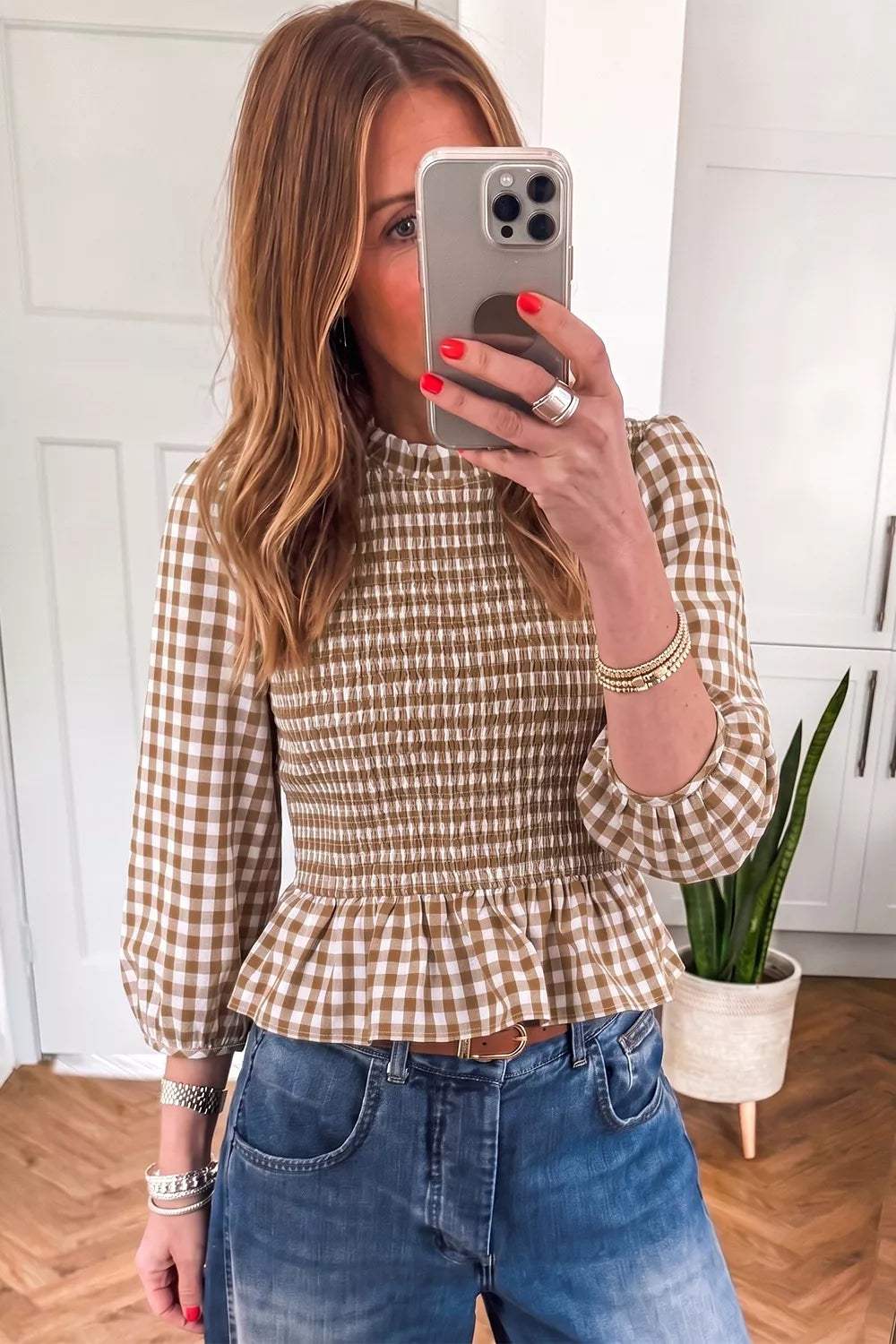 Gingham Smocked Ruffled Hem Blouse - Trendsi - Flyclothing LLC