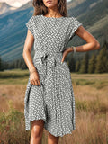 Printed Cap Sleeve Tie Waist Dress - Trendsi - Flyclothing LLC