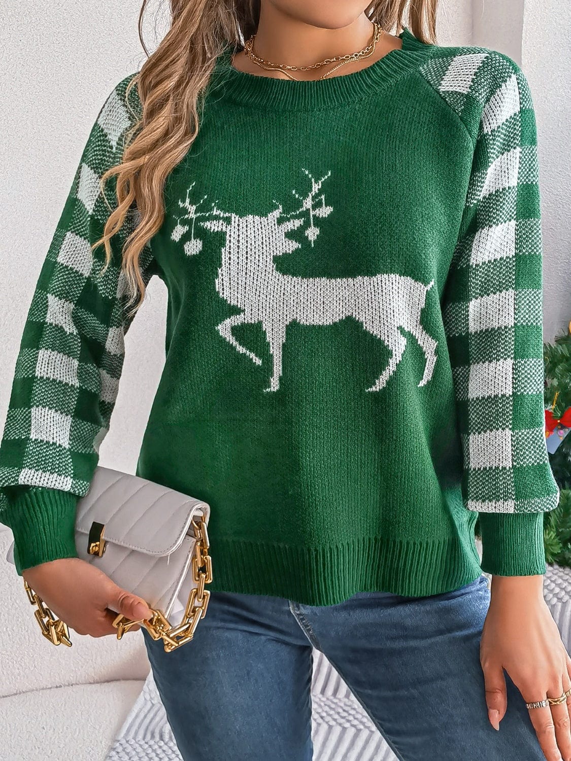 Reindeer Plaid Round Neck Long Sleeve Sweater - Trendsi