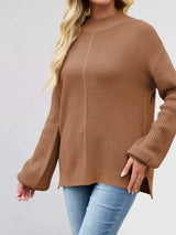 Ribbed Mock Neck Drop Shoulder Sweater - Trendsi - Flyclothing LLC