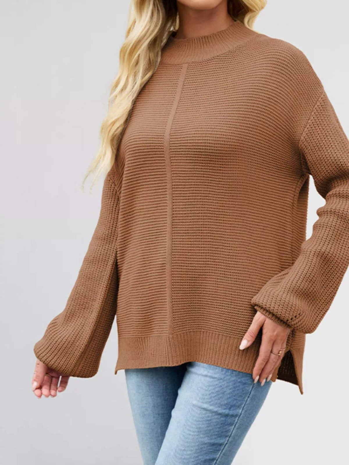 Ribbed Mock Neck Drop Shoulder Sweater - Trendsi - Flyclothing LLC