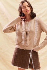 SO ME Front Lace Trim Button Cardigan Sweater - Trendsi - Flyclothing LLC
