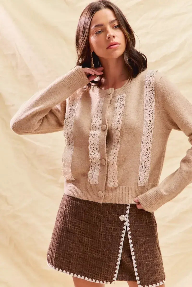 SO ME Front Lace Trim Button Cardigan Sweater - Trendsi - Flyclothing LLC