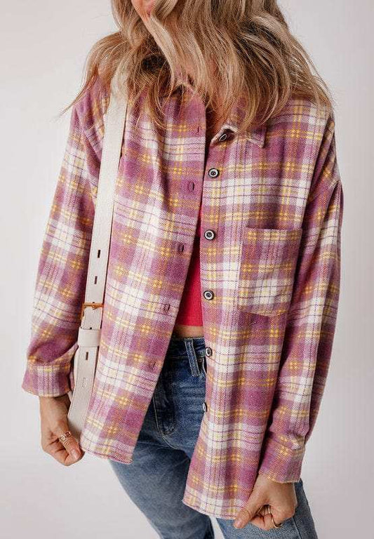 Plaid Collared Neck Button Up Shacket - Trendsi - Flyclothing LLC