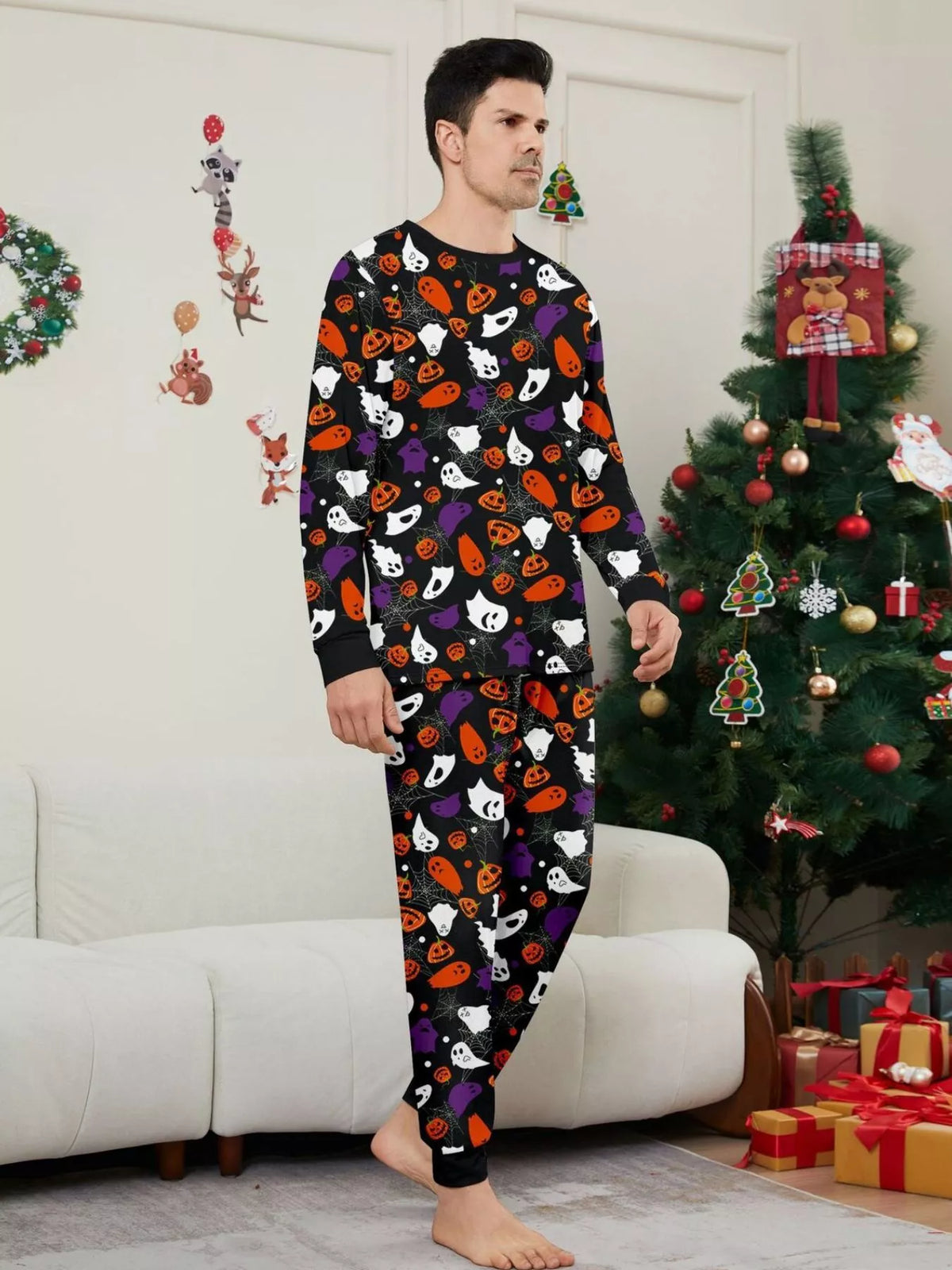 Full Size Halloween Themed Family Matching Pajama Set with Ghost and Pumpkin Print Plus Size - Trendsi - Flyclothing LLC