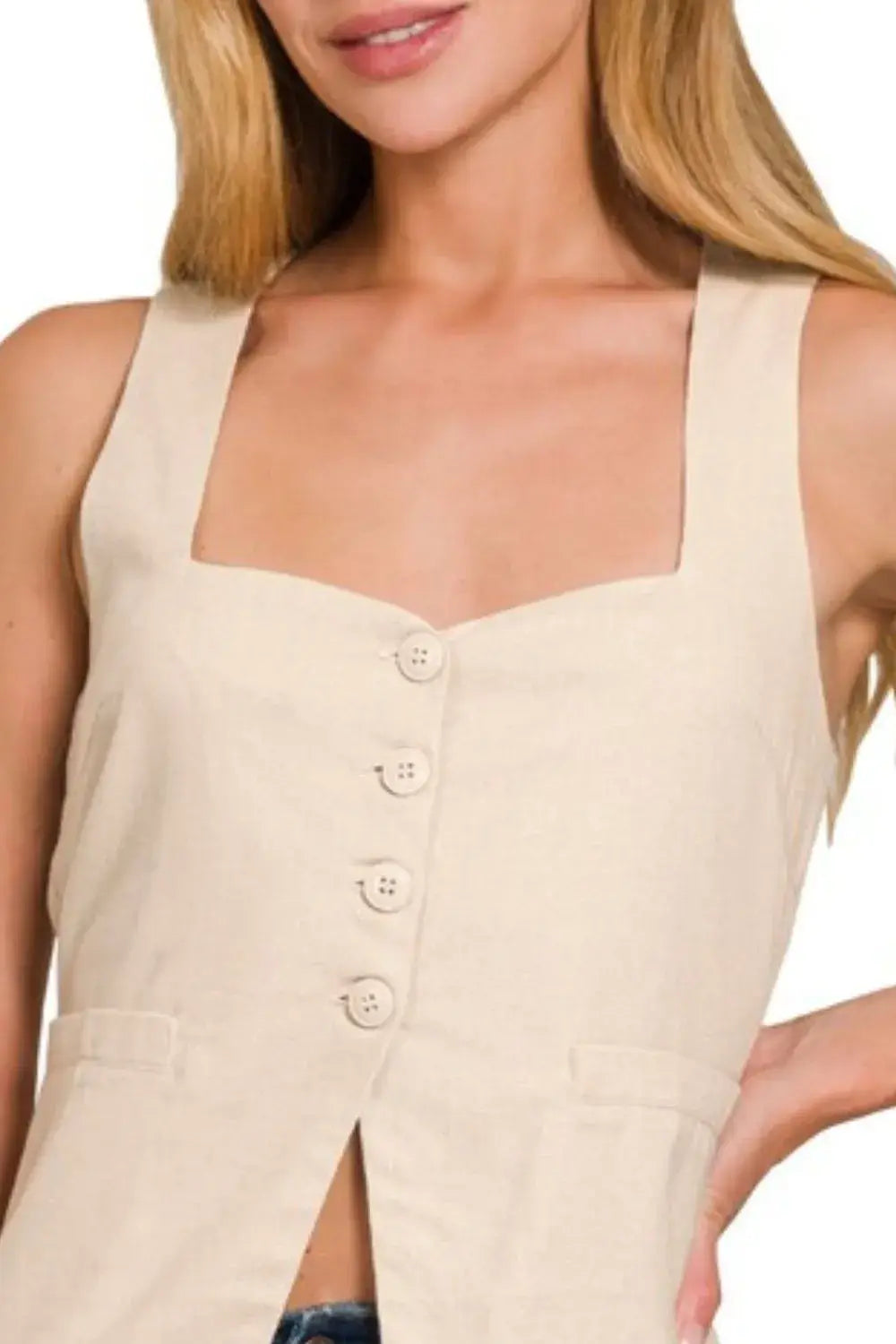 Zenana Linen Tie-back 4-button Vest with Lining - Trendsi - Flyclothing LLC