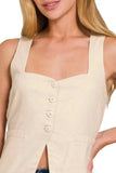 Zenana Linen Tie-back 4-button Vest with Lining - Trendsi