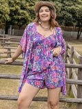 Plus Size Printed Cami, Open Front Cover Up and Shorts Set - Trendsi - Flyclothing LLC