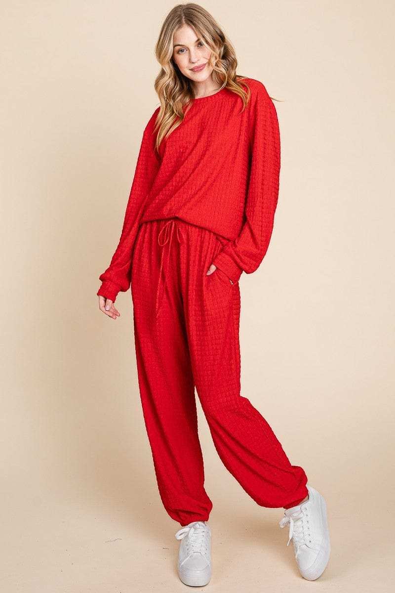 Super Lady Full Size Crinkle Check Round Neck Top and Pants Lounge Set - Trendsi - Flyclothing LLC