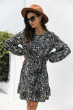 Animal Print Round Neck Balloon Sleeve Mini Dress - Trendsi