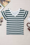 Striped V-Neck Flounce Sleeve Top - Trendsi - Flyclothing LLC