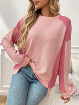 Color Block Waffle Knit Long Sleeve T-Shirt - Trendsi - Flyclothing LLC