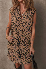 Leopard Johnny Collar Sleeveless Mini Dress - Trendsi - Flyclothing LLC