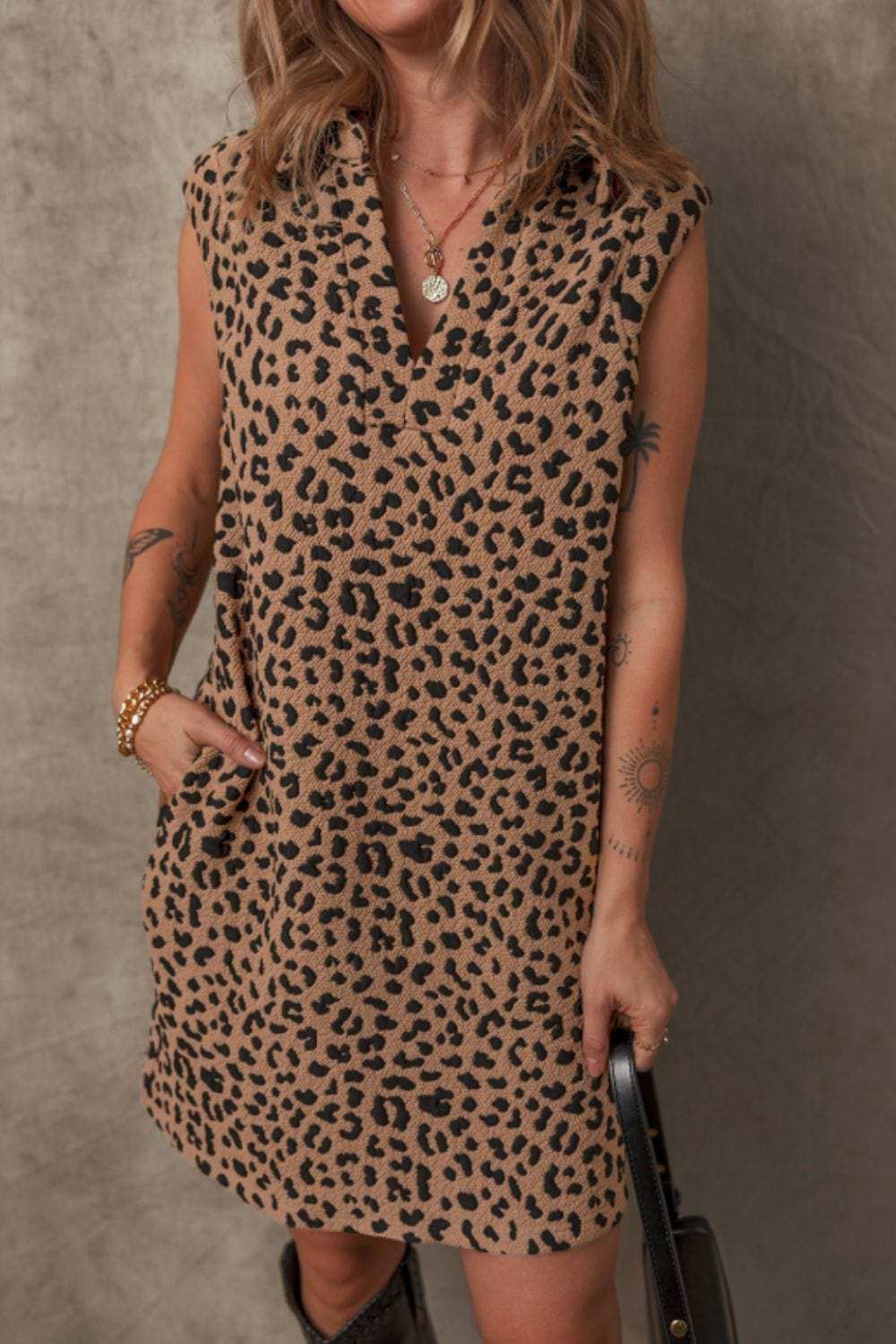 Leopard Johnny Collar Sleeveless Mini Dress - Trendsi - Flyclothing LLC
